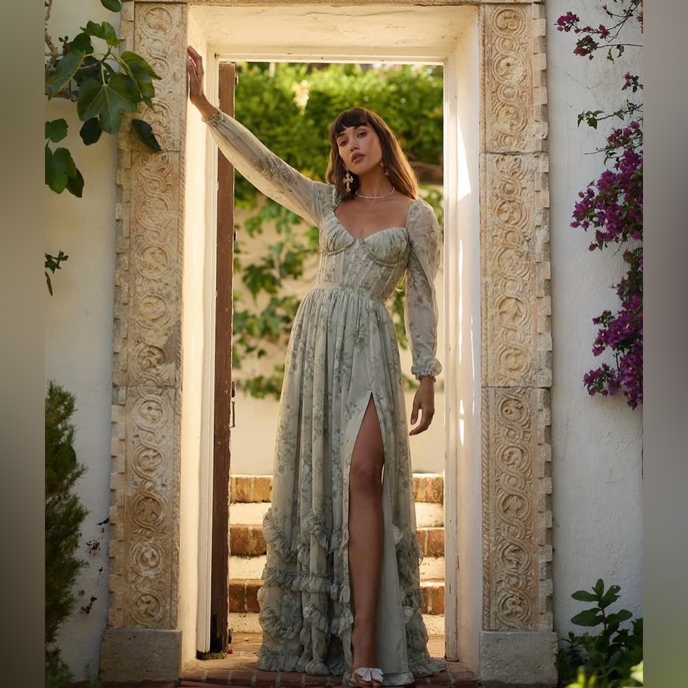 V. Chapman Light Sage Floral Maxi Dress with Long Puff Sleeves